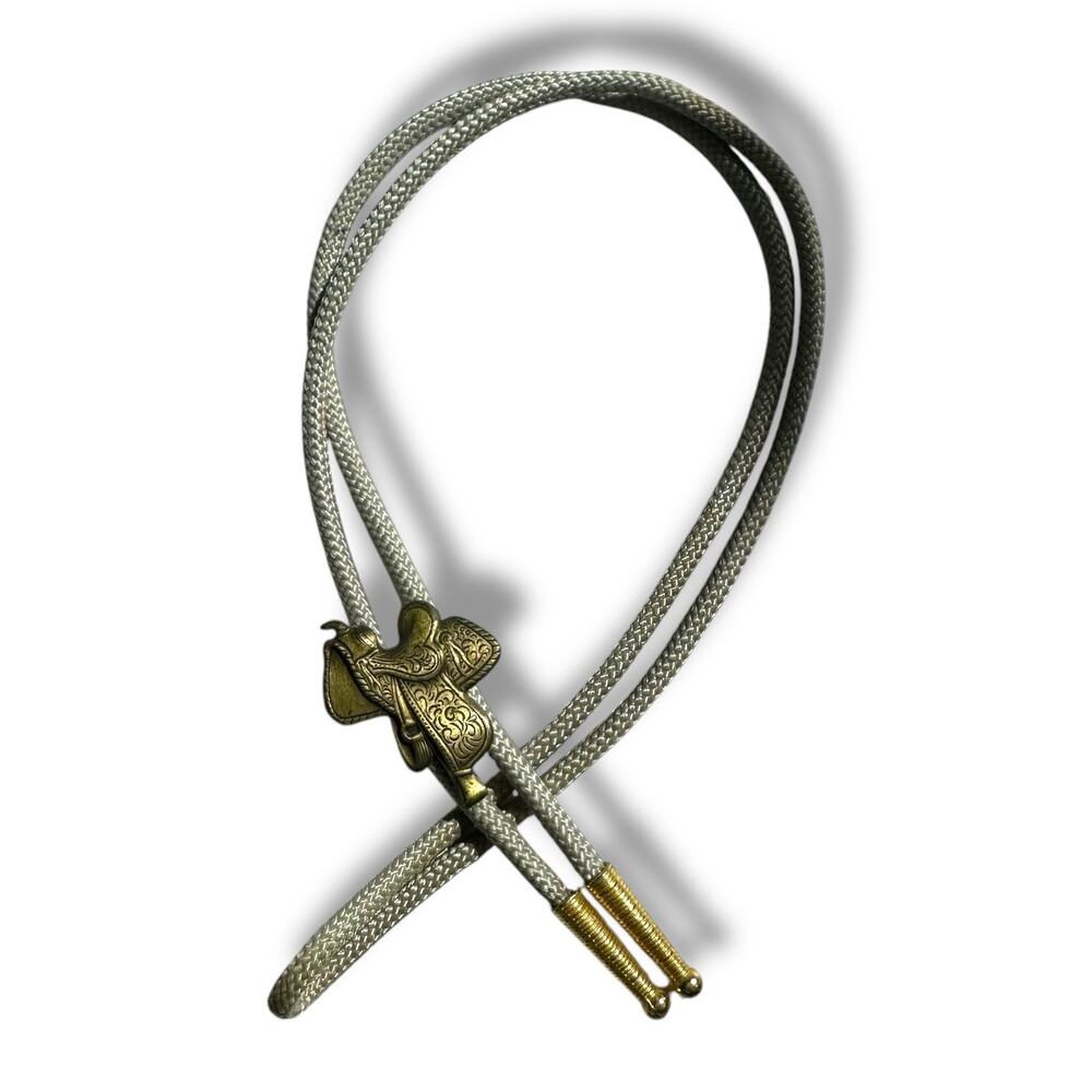 Vtg Bolo Tie Horse Saddle Metal Ends Nylon Cord Necklace Western Rodeo Cowboy